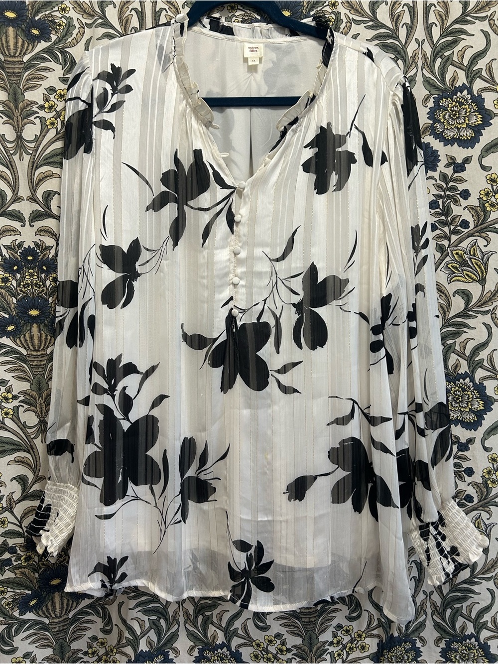 Women's White Sheer Long-Sleeve Blouse with Black Floral Print